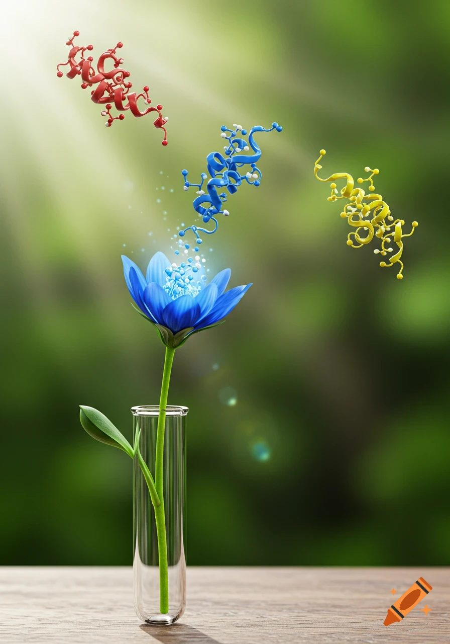 A vibrant blue flower in a test tube, with colorful 3D molecular structures bursting from its opening bud against a blurred green background.
