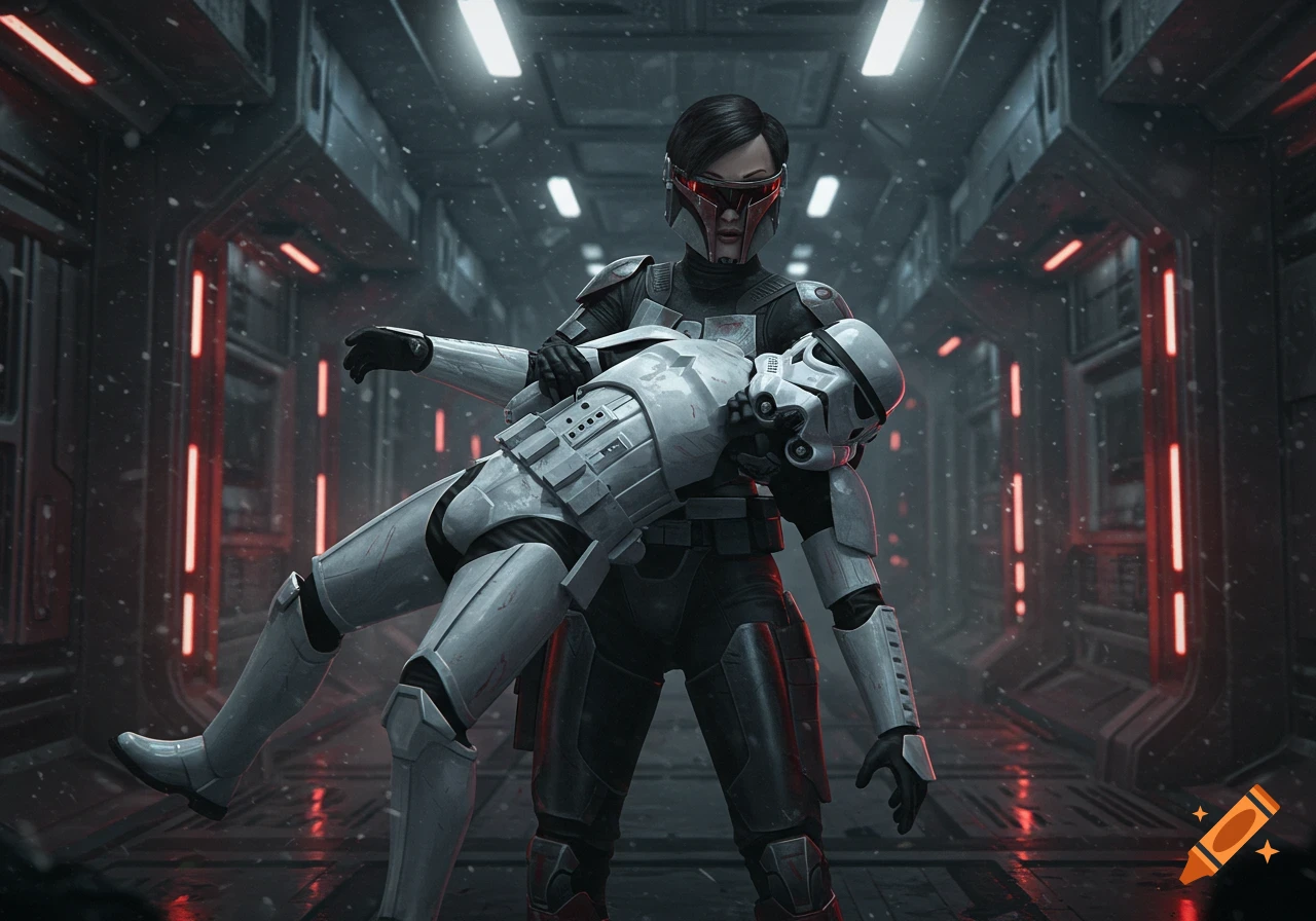 A female bounty hunter in dark armor carries a slumped stormtrooper through a snowy, red-lit futuristic corridor.
