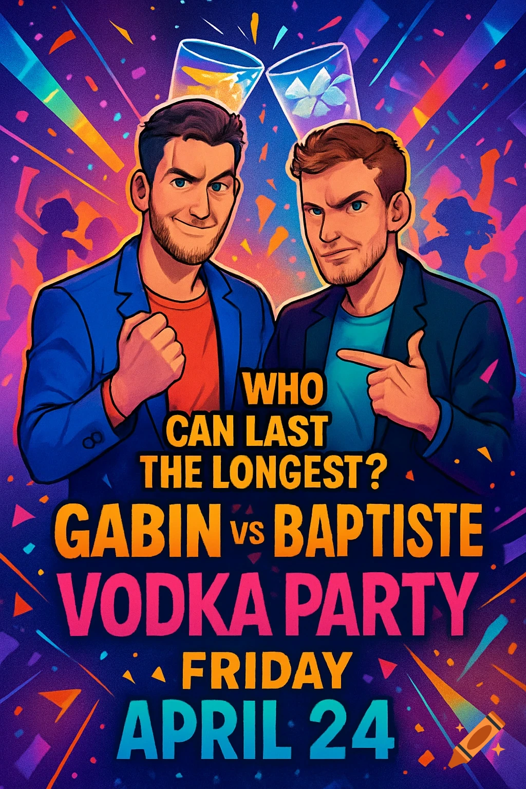 Vibrant cartoon poster for a 'Gabin vs Baptiste Vodka Party' on Friday, April 24, featuring two smiling men.