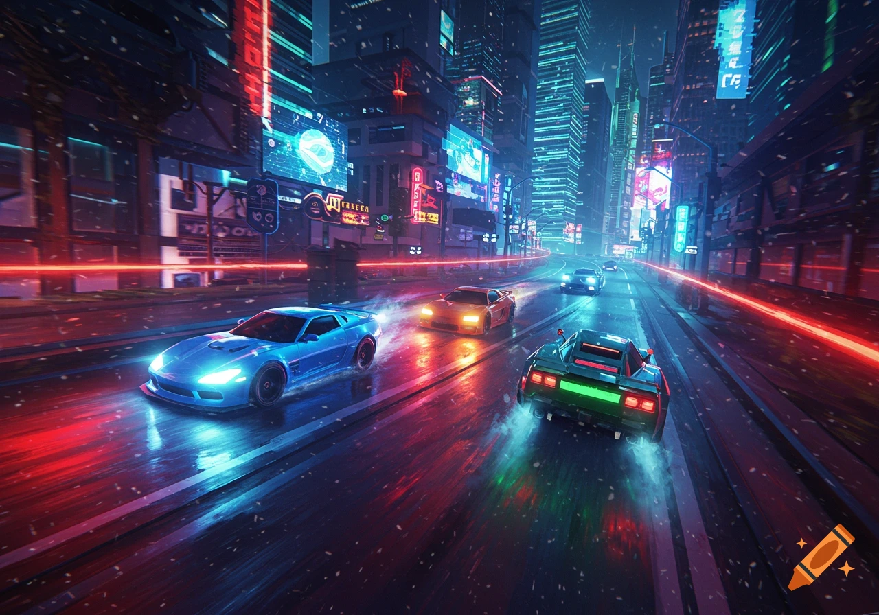 Futuristic cars race down a neon-lit cyberpunk city street at night, with motion blur and reflections on the wet road.