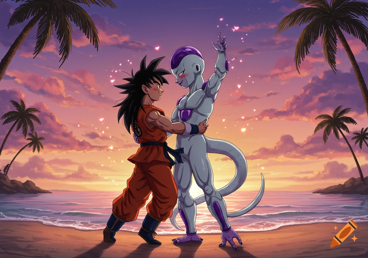 Anime style illustration of Goku and Frieza dancing romantically on a beach at sunset with floating pink hearts.