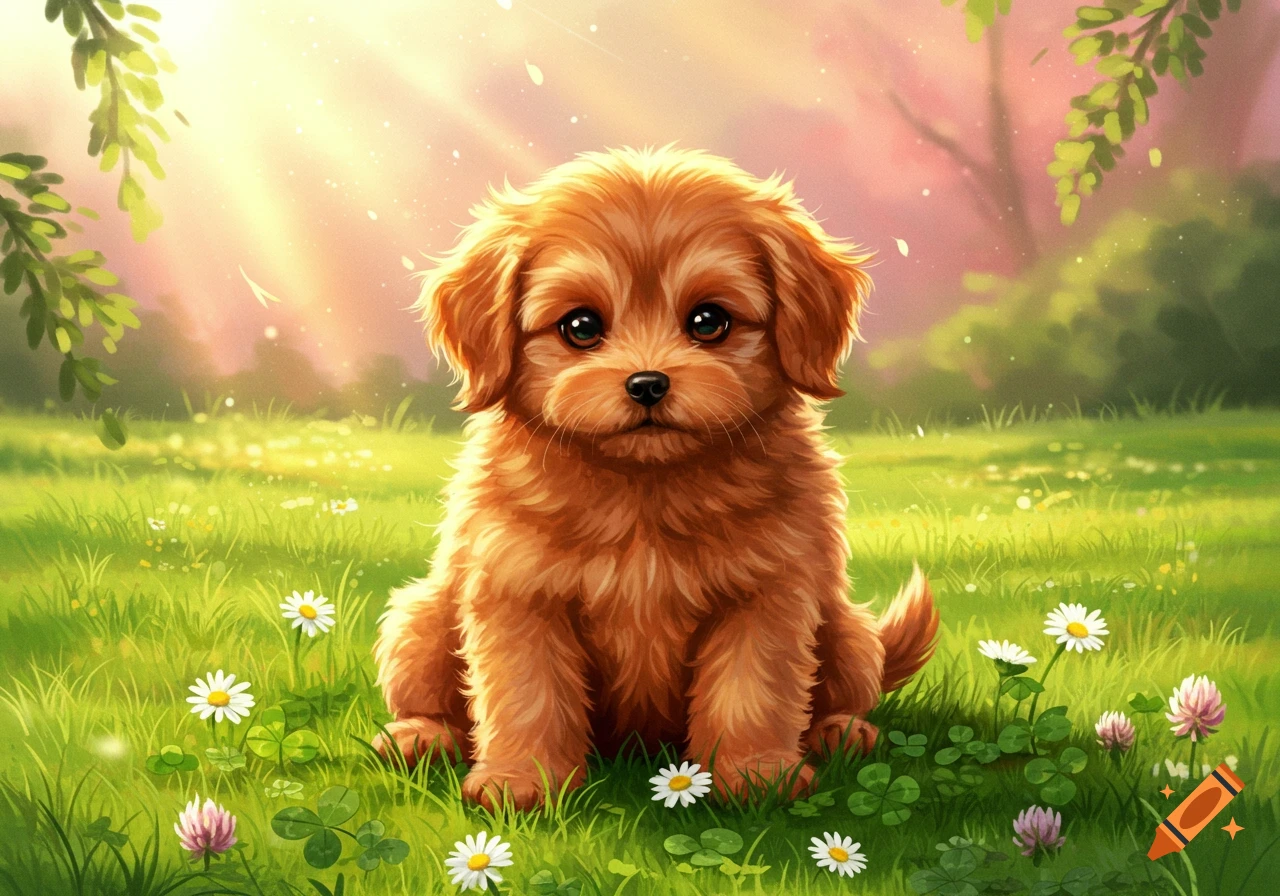 A fluffy brown puppy sits in a sunny green field with white and pink daisies, rendered in a cute illustrative style.