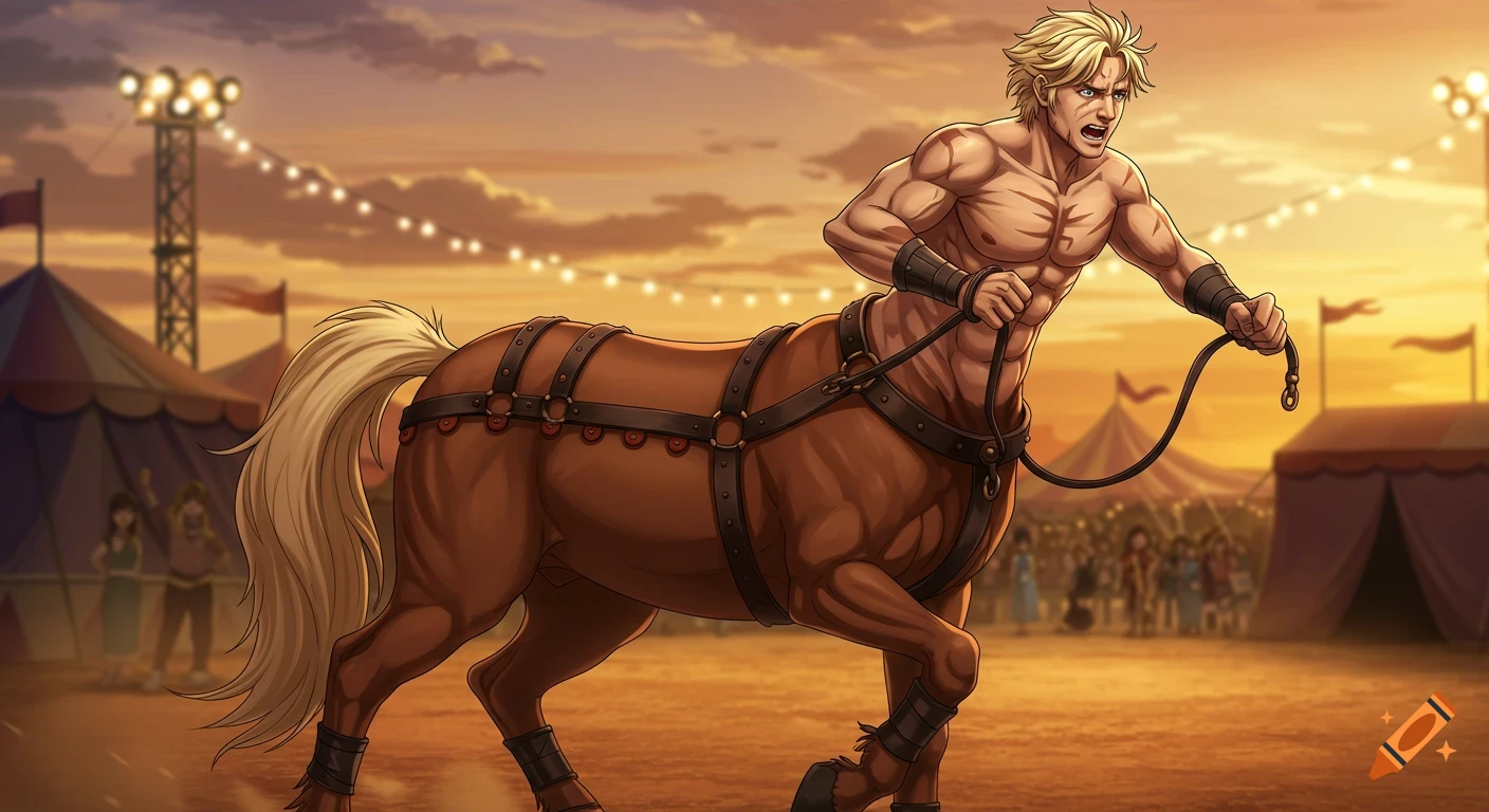 A muscular blond male centaur struggles with harnesses at a vibrant anime-style circus in the evening.