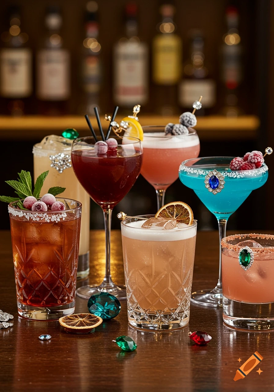 Several vibrant cocktails garnished with berries, citrus, and various colorful jewels on a bar, with blurred bottles.