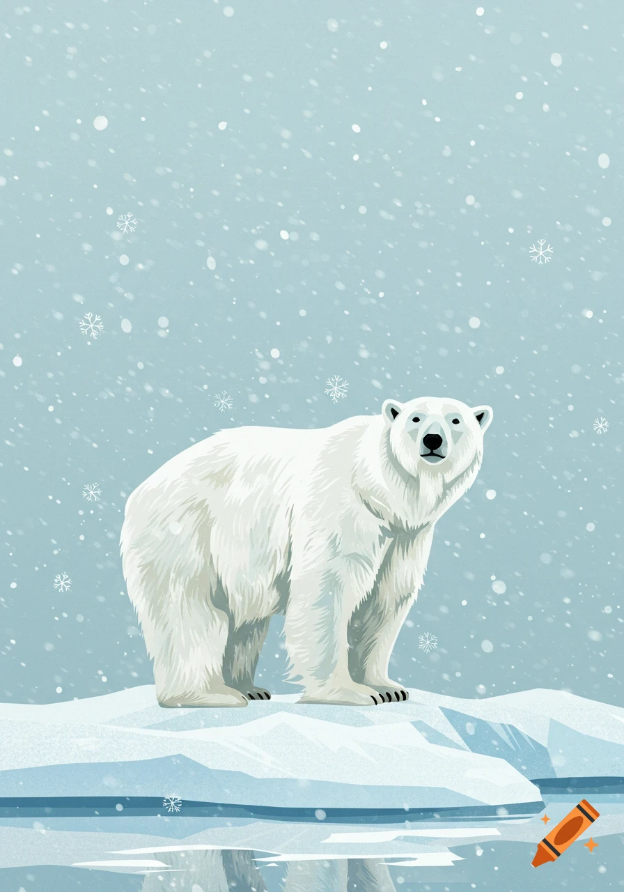A 2D illustration of a white polar bear standing on an ice floe in a snowy, light blue arctic environment.