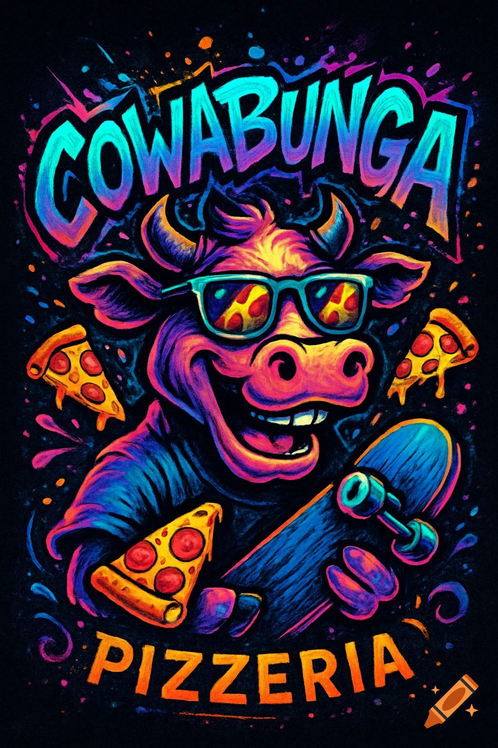 Vibrant cartoon logo of a smiling cow in sunglasses holding a skateboard with pizza slices and "COWABUNGA PIZZERIA" text.