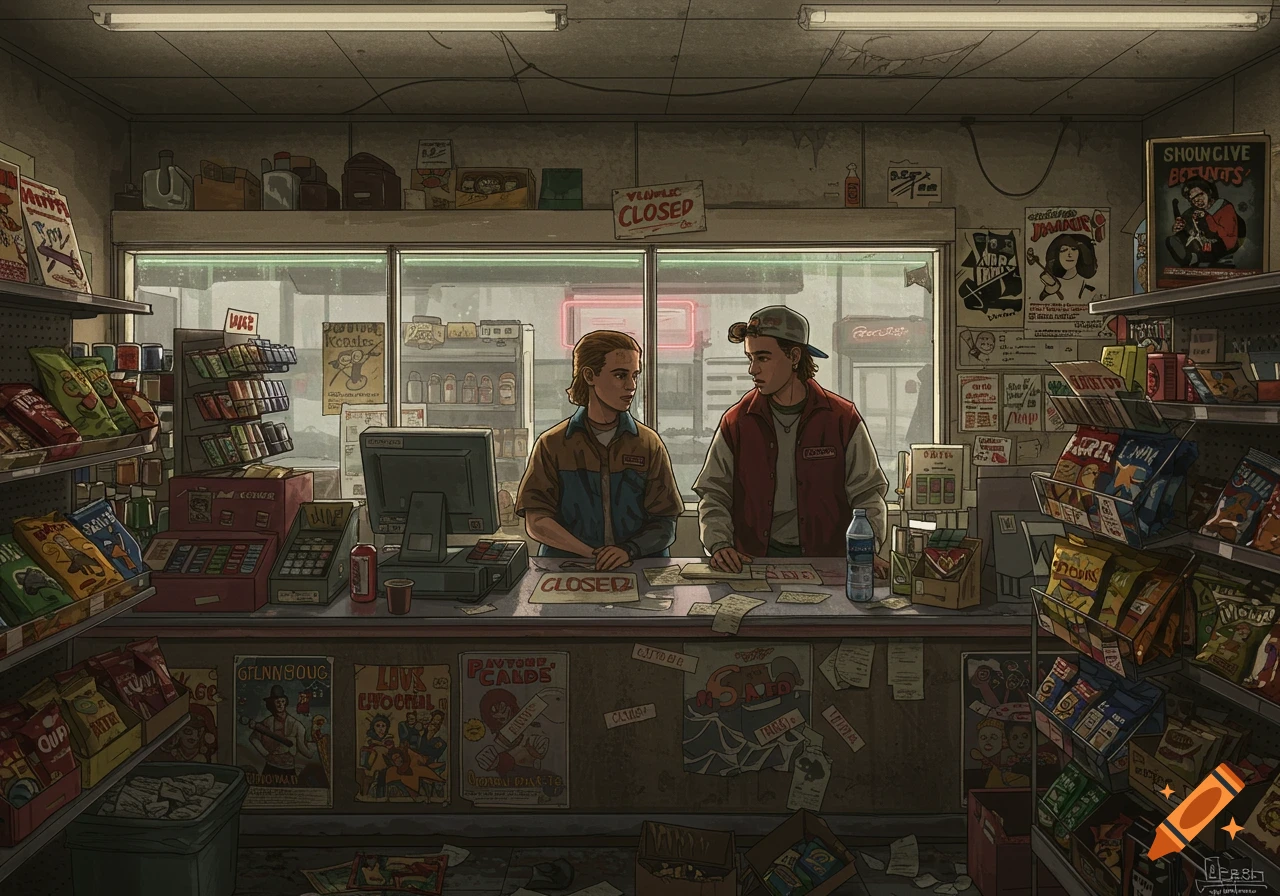 A cartoon illustration of two young men behind the counter of a cluttered convenience store, reminiscent of the movie Clerks.