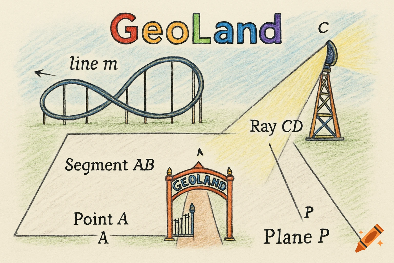 Colored pencil drawing of a GeoLand amusement park with geometry labels: line m, Segment AB, Point A, Ray CD, and Plane P.