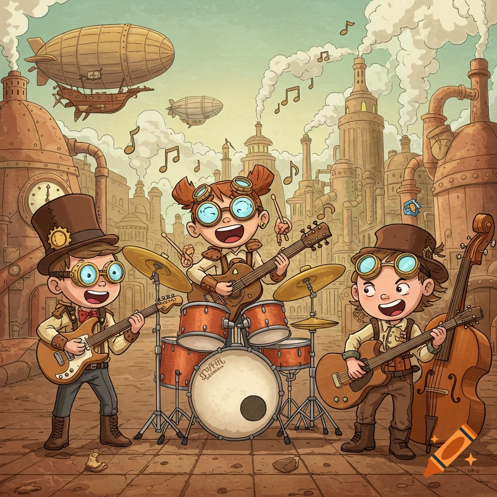 Cartoon illustration of three steampunk children playing guitar, drums, and double bass in a steampunk city with airships.