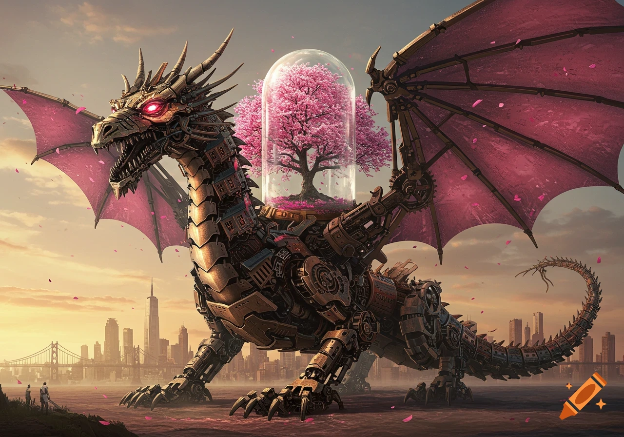 Gigantic steampunk dragon with pink wings and glowing red eyes, carrying a cherry tree in a glass dome on its back, overlooking a city skyline at sunset.