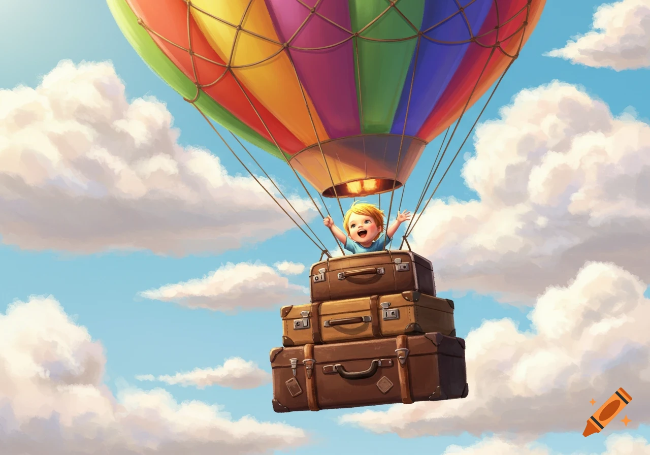 A happy cartoon child smiles while riding in a hot air balloon made of stacked luggage, floating through a blue sky with fluffy clouds.