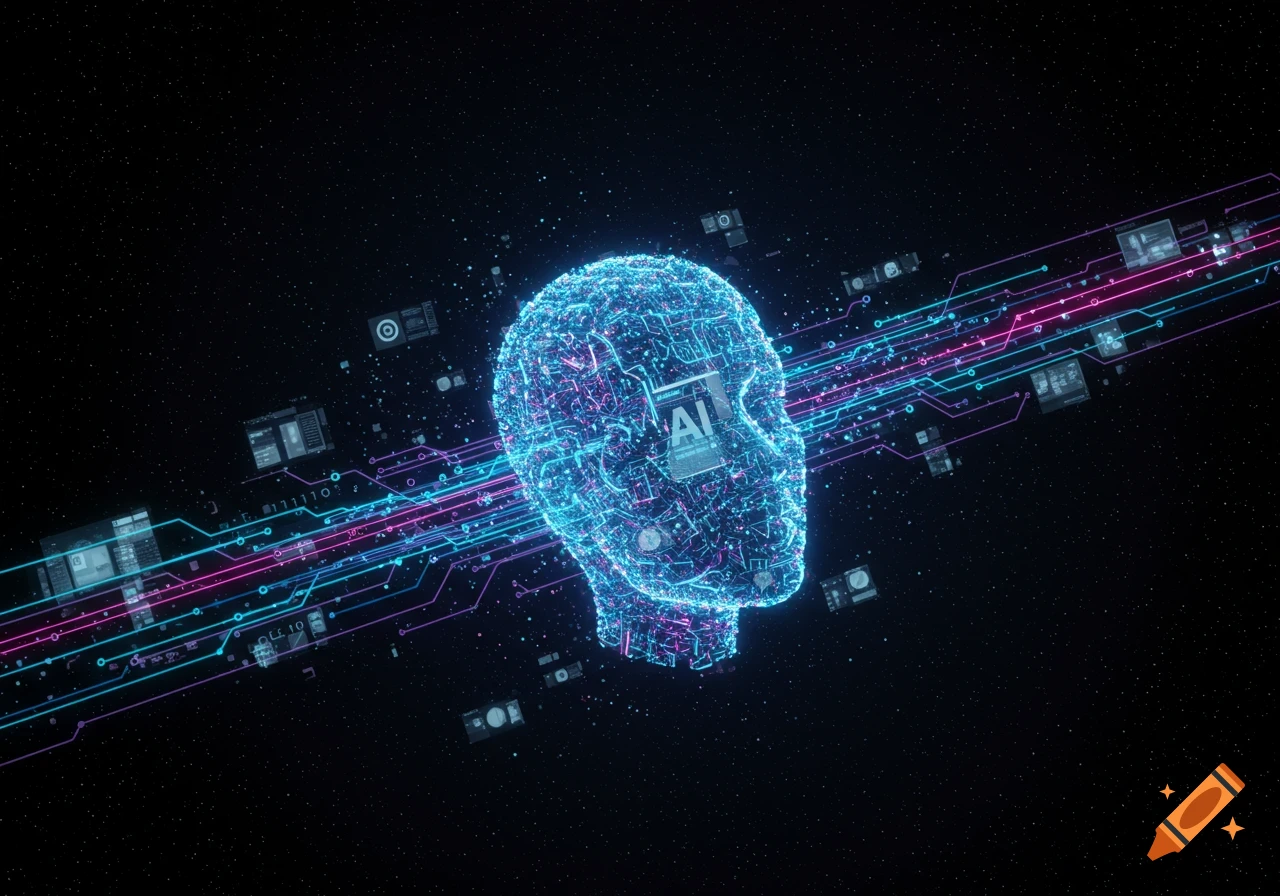 A glowing, circuit-patterned head representing AI, surrounded by data streams in a starry space.