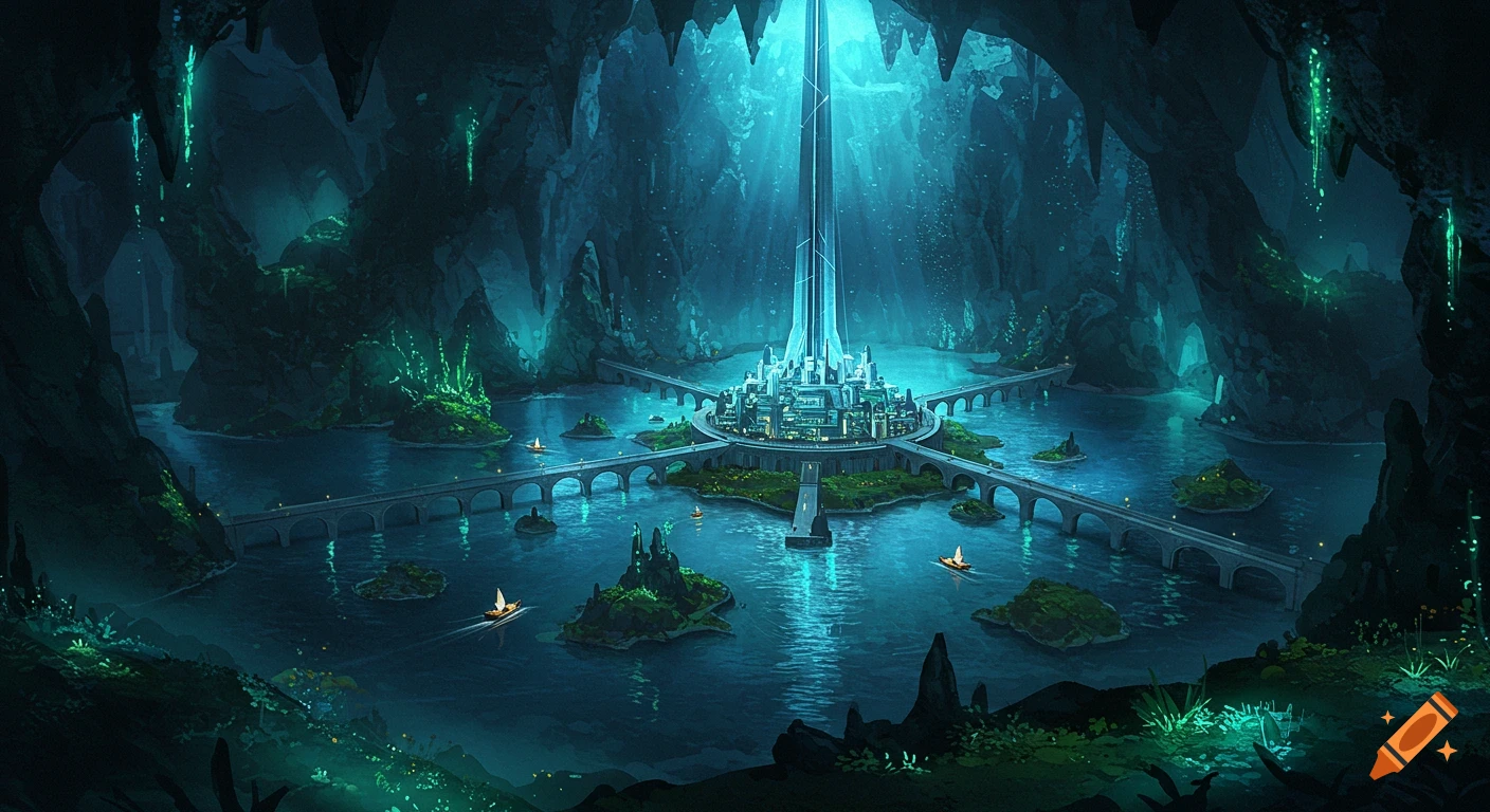 A futuristic walled city on an island in an underground lake, connected by bridges within a vast glowing cave.