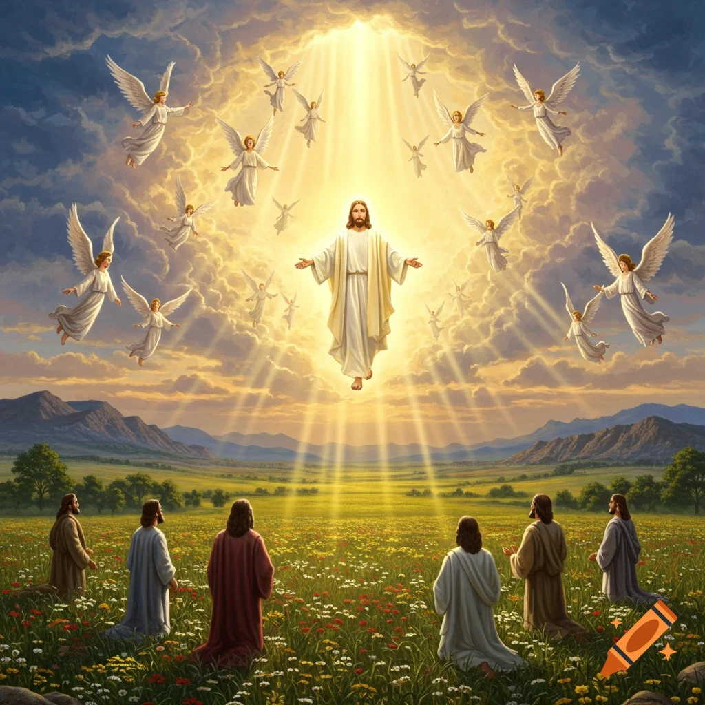 Jesus ascends surrounded by angels in a bright, cloudy sky, while disciples kneel in a wildflower field below.