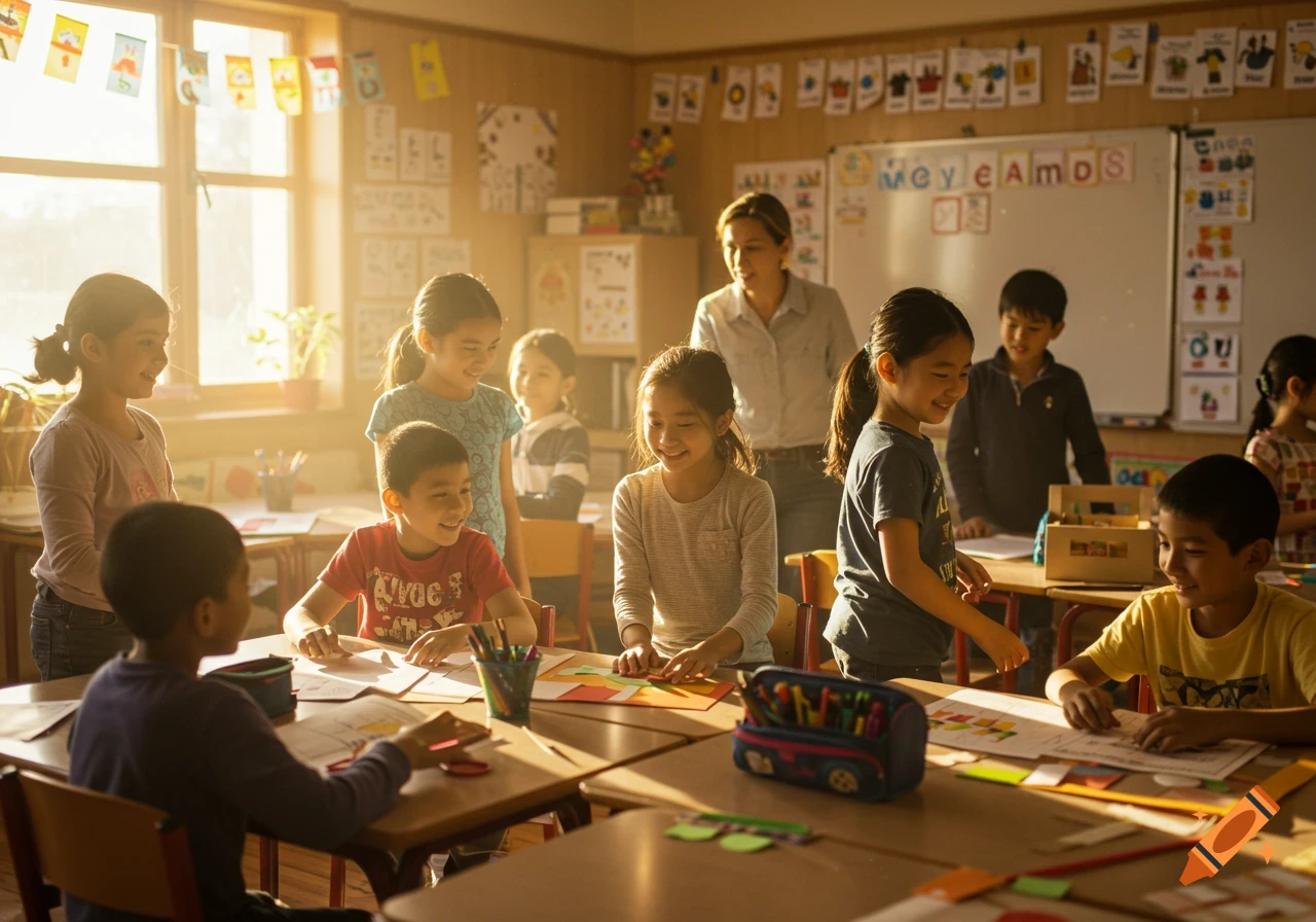 A diverse group of smiling children and a teacher in a sunlit classroom, engaged in activities at their desks.