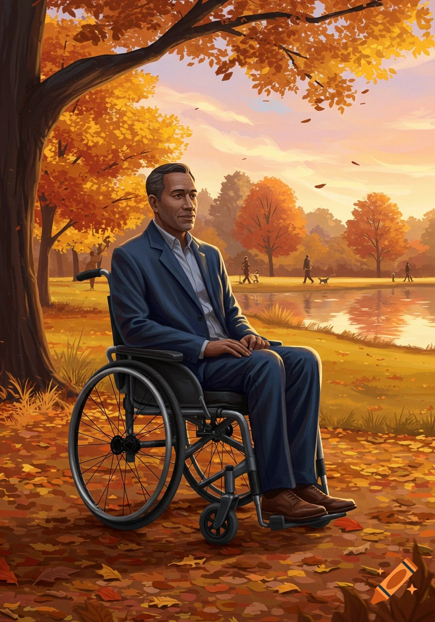 An illustration of a man in a wheelchair sitting under a large tree in an autumn park, surrounded by fallen orange leaves.