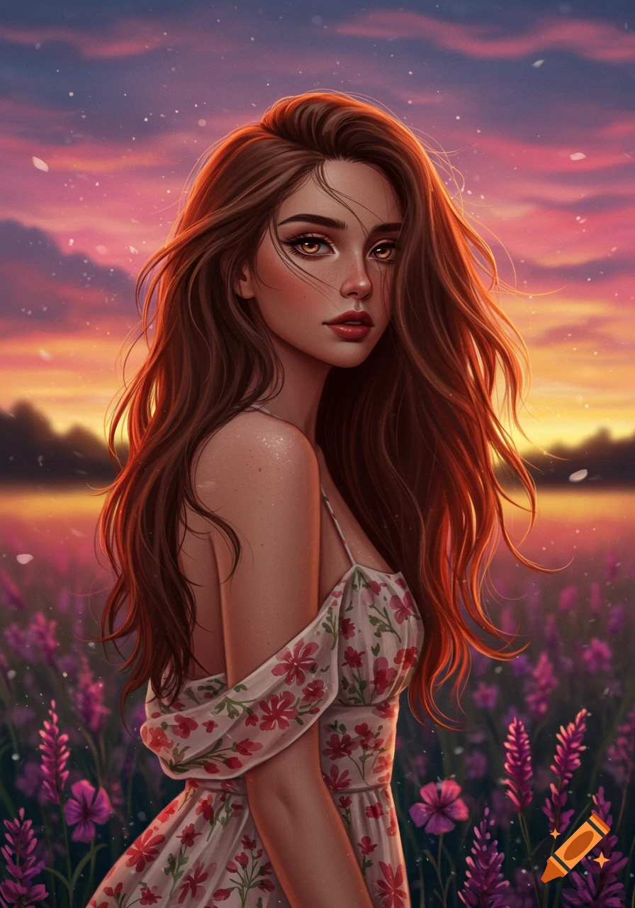 Digital art portrait of a young woman with long brown hair, wearing a floral dress, standing in a field of purple flowers at sunset.