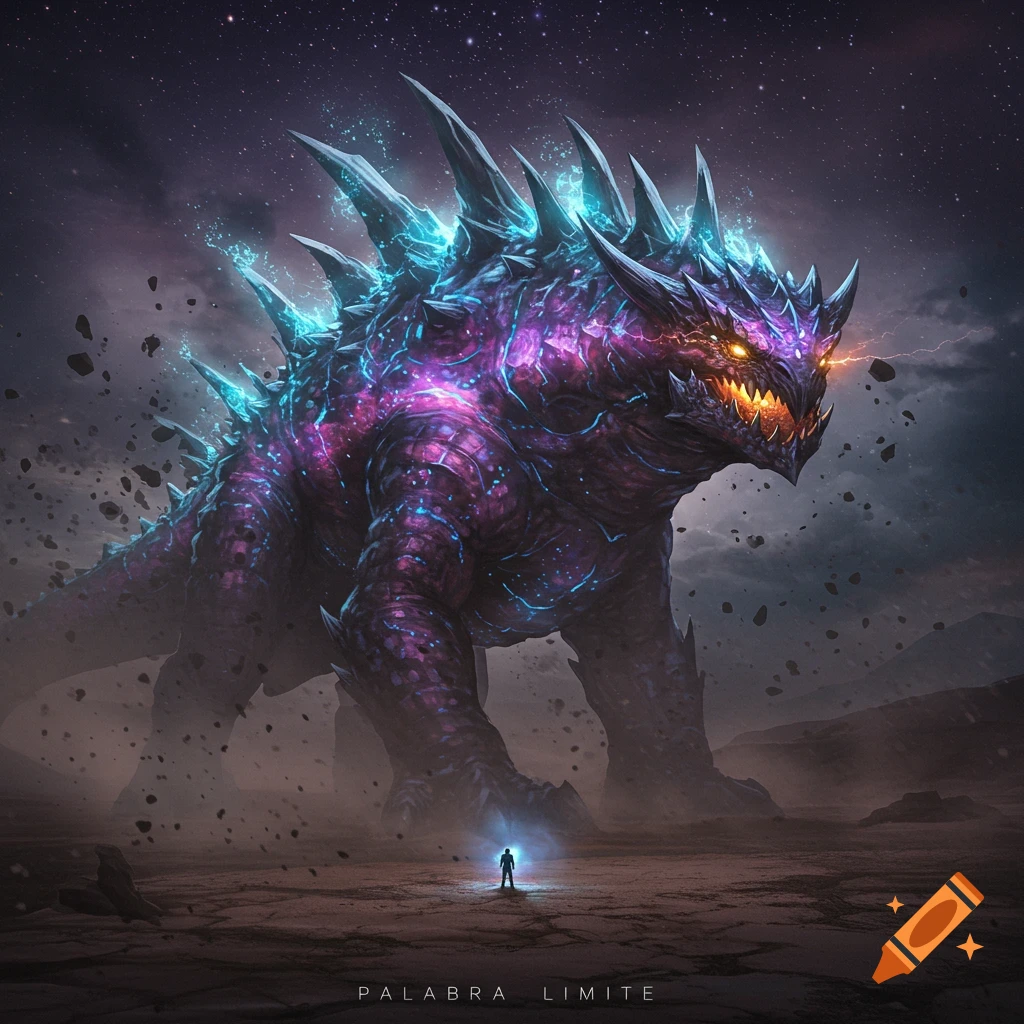 A colossal, glowing purple and blue monster with sharp spikes stands over a tiny human in a desolate, rocky landscape under a starry sky.