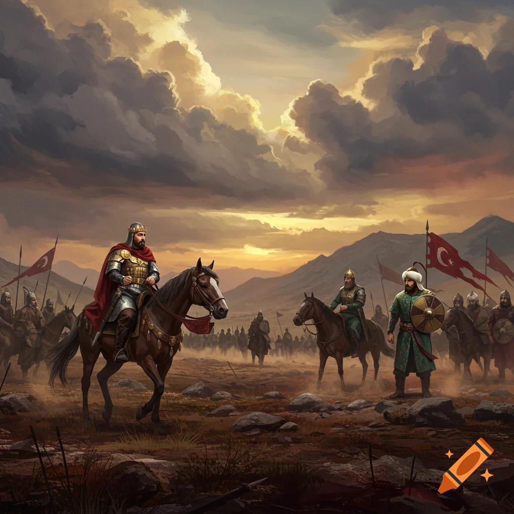 Armored warriors on horseback and foot on a dusty battlefield under a dramatic sky with mountains, Turkish flags in a digital painting.