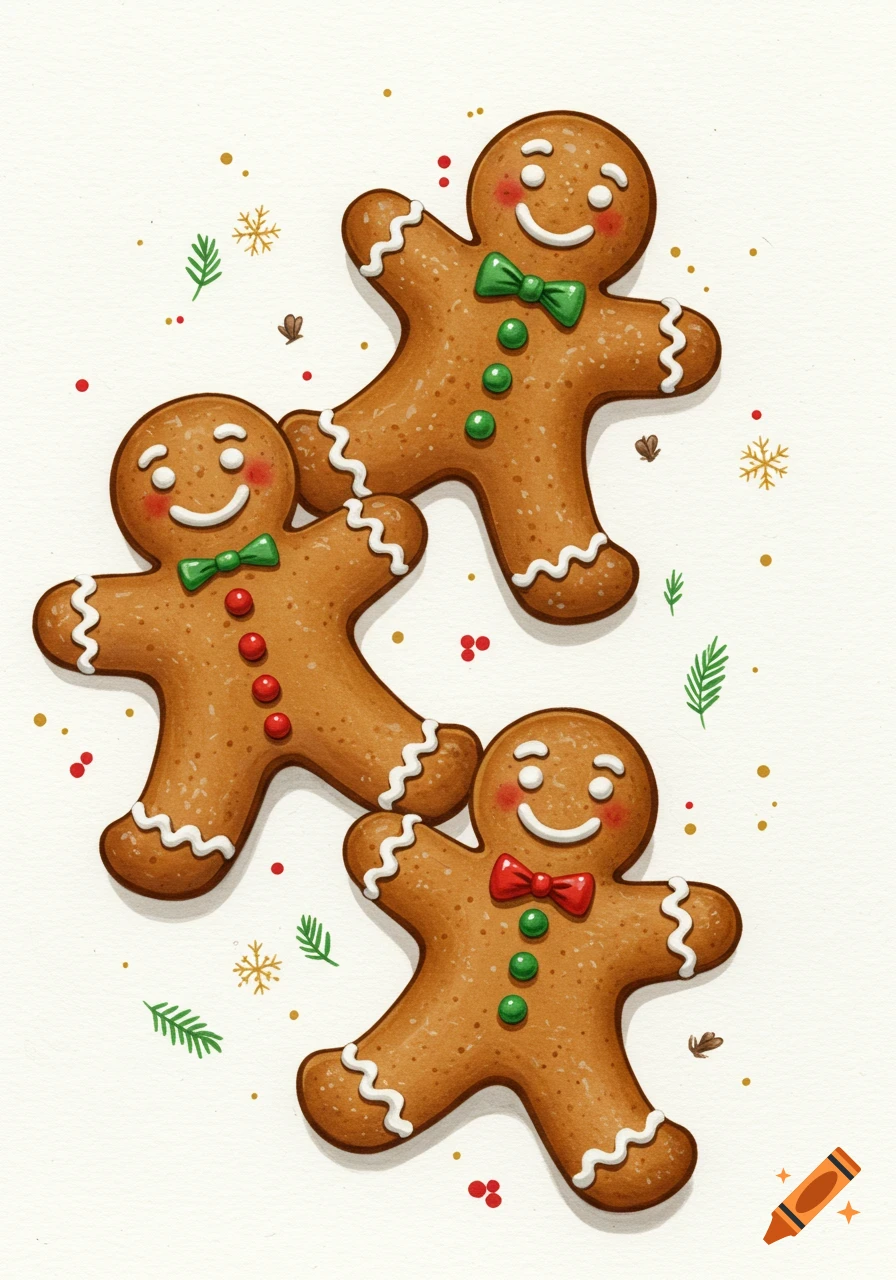 Three happy gingerbread men with frosting and candy buttons, surrounded by festive sprinkles and greenery, on a white background, in an illustrative style.