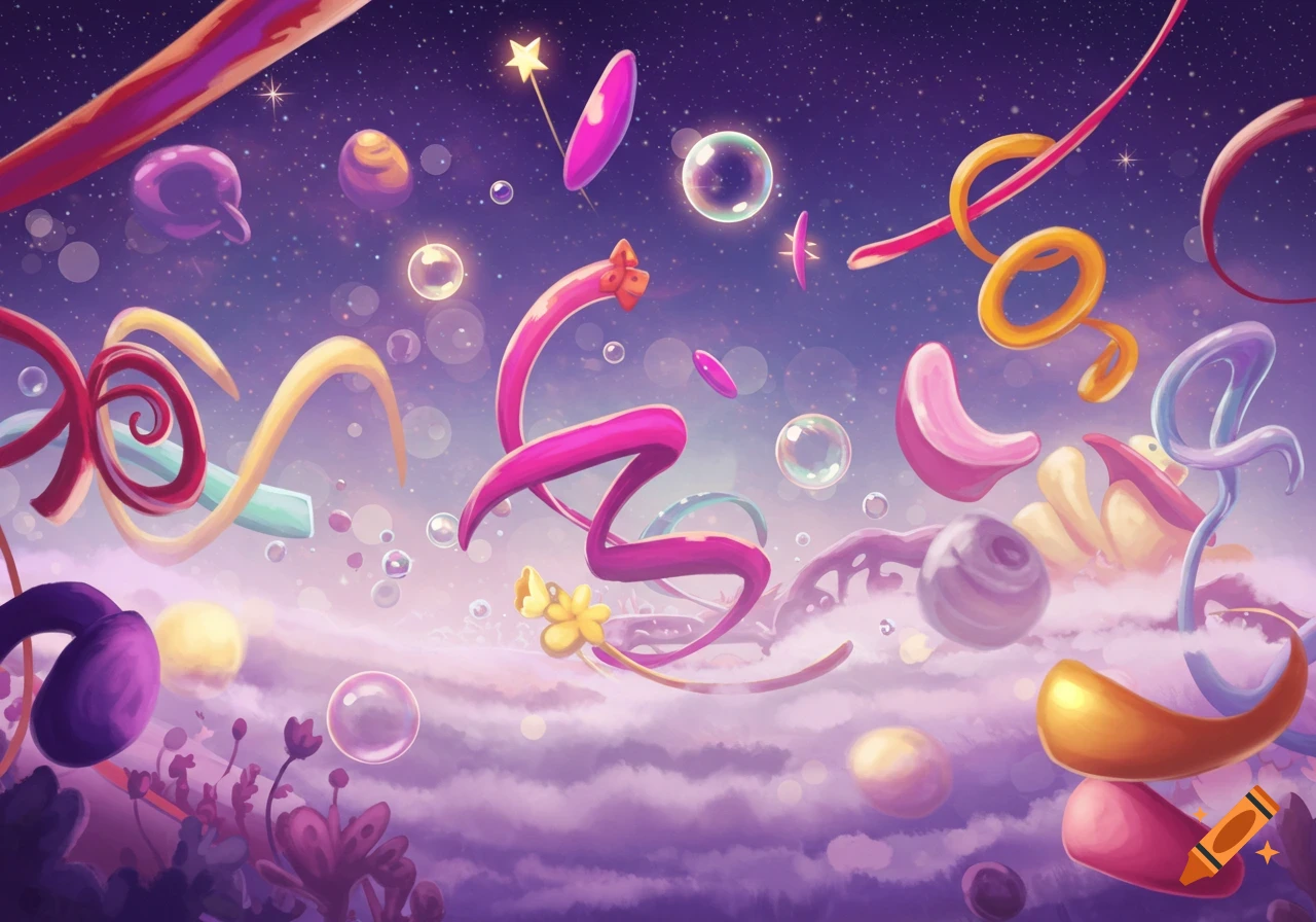 Abstract whimsical illustration of colorful wavy shapes and bubbles floating in a starry purple sky above a soft, cloud-like landscape.