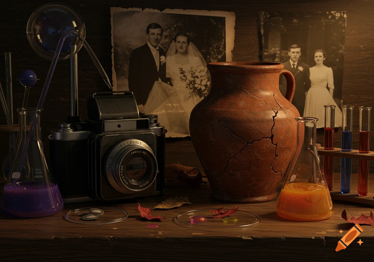 A still life composition featuring vintage items: an old camera, laboratory glassware with colored liquids, a cracked clay pot, and faded wedding photos in the background, all on a wooden surface.
