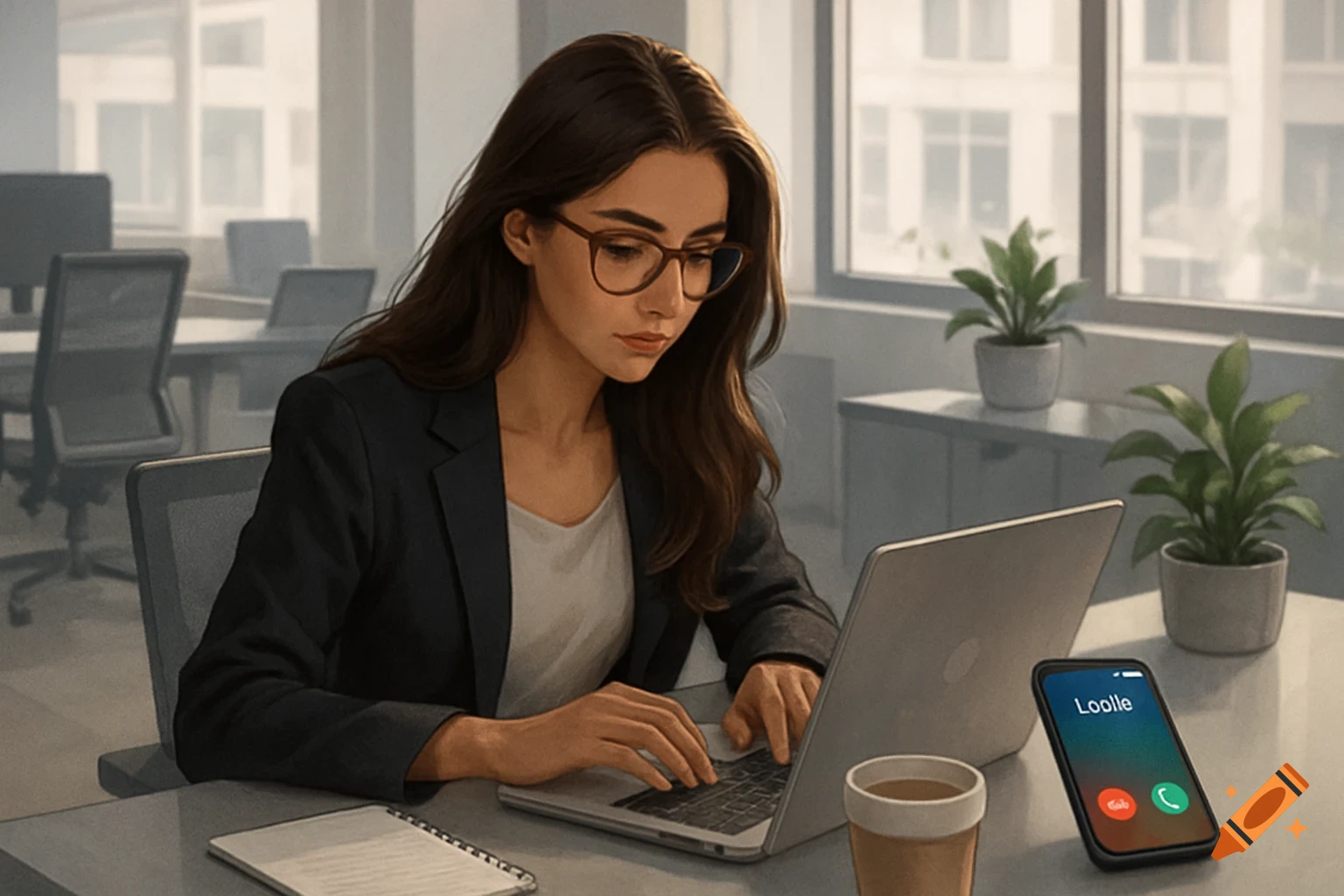A woman with glasses and long brown hair works on a laptop at an office desk, with a ringing phone showing 'Loolle' nearby.