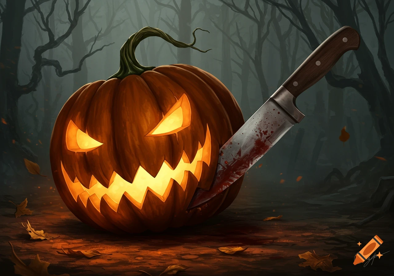 A scary jack-o'-lantern with glowing eyes and a jagged smile has a blood-stained knife plunged into its side, set in a dark, misty forest with fallen leaves. Digital illustration.