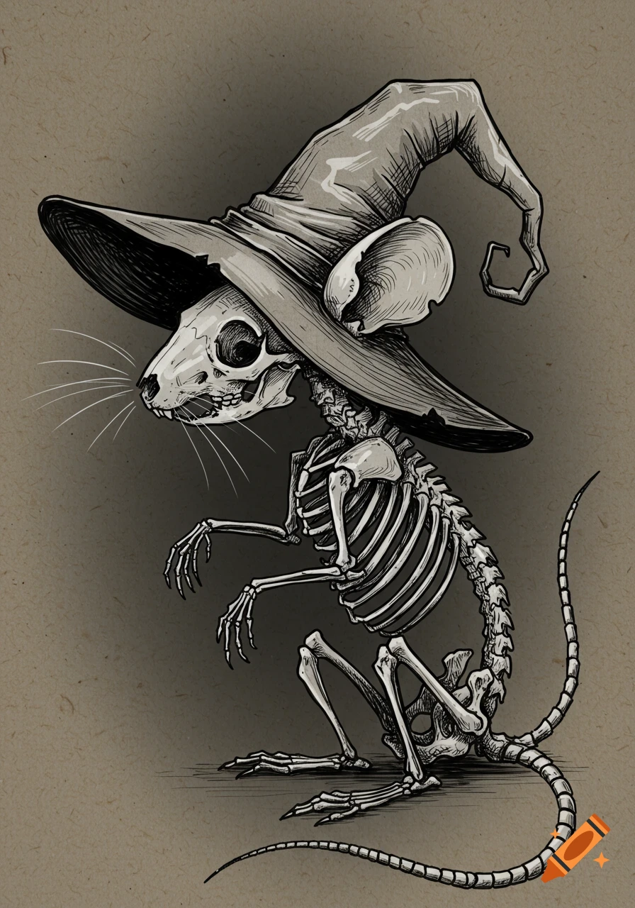 A stylized grayscale illustration of a mouse skeleton wearing a pointed witch's hat, sitting on a sepia background.