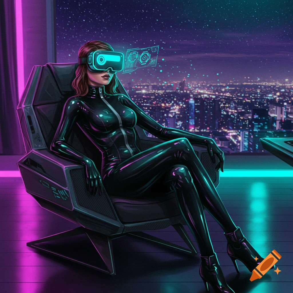 A woman in a black latex suit and VR goggles sits in a futuristic chair, gazing at a neon-lit city skyline at night, digital art.