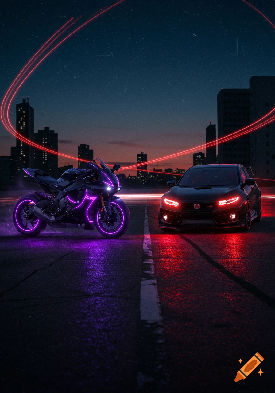 A black Yamaha R1 motorcycle with purple neon lights and a black Honda Civic Type R car with red neon lights face each other on a wet street at dusk, with a city skyline and red light trails in the background.