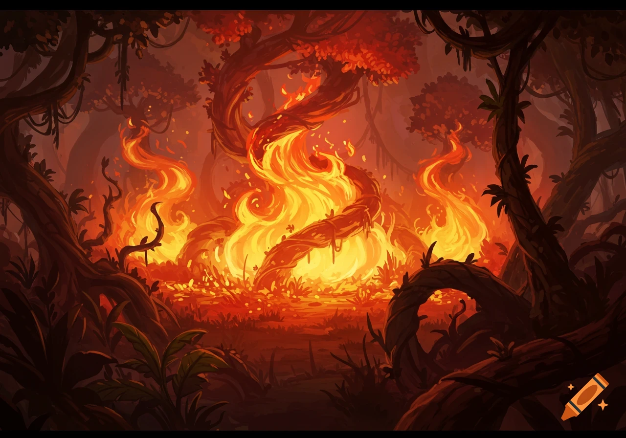 Vibrant illustration of a jungle ablaze, with fiery trees and glowing embers amidst dark foliage.