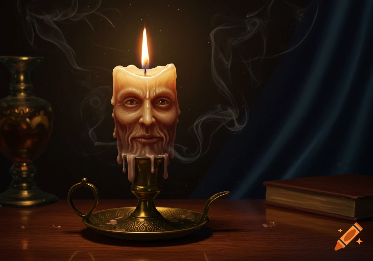 A lit candle with an uncanny, aged face carved into it, set in a brass candlestick on a dark wooden table, smoke curling behind.