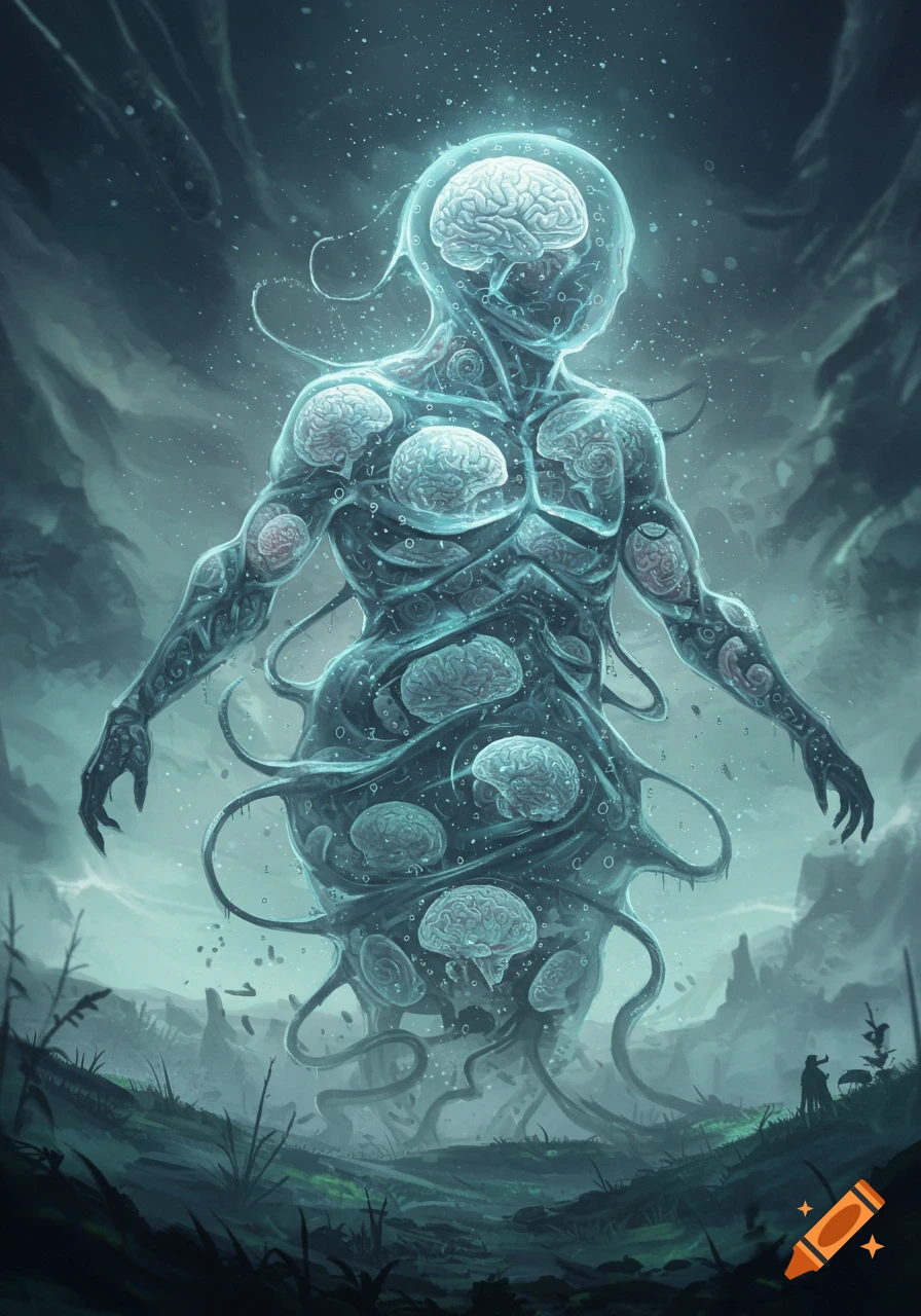 A glowing, translucent, humanoid creature with multiple brains inside its body and tendrils, stands in a misty, dark fantasy landscape.