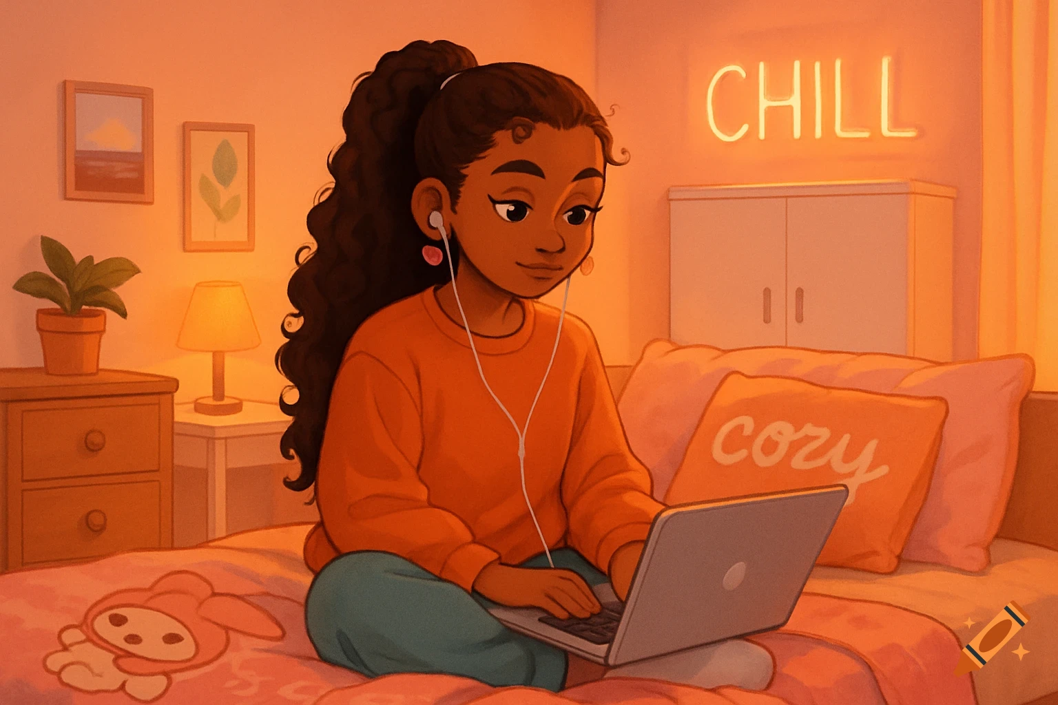 Animated girl with dark curly hair sits on a bed with a laptop, wearing earphones. A neon 'CHILL' sign glows above a pillow that says 'cozy'.