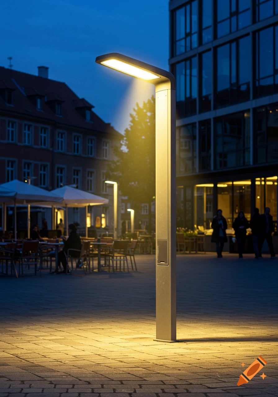 A modern, rectangular street light illuminates a paved city square at dusk, with buildings and outdoor dining in the background.