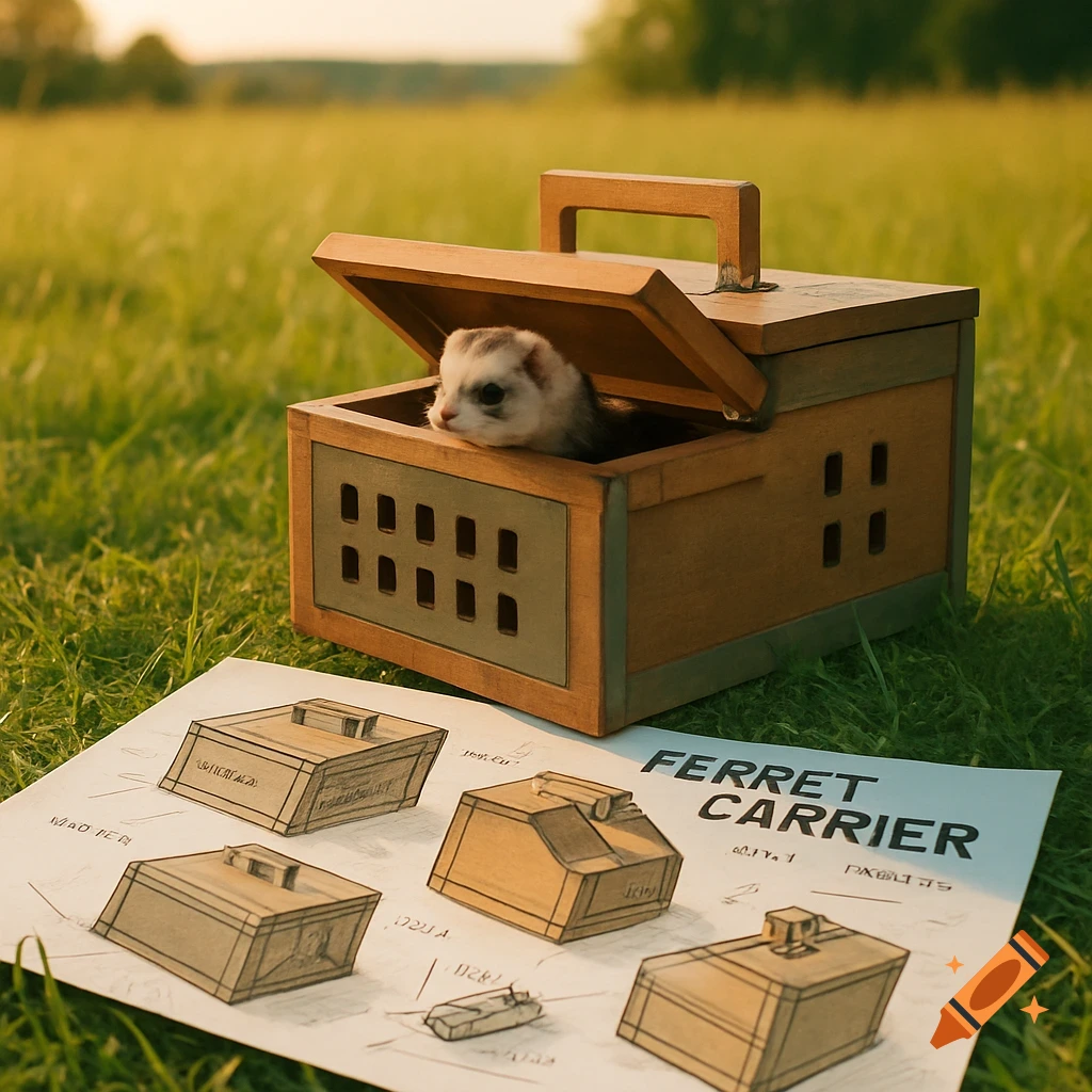 A ferret peeks out of a wooden carrier sitting on green grass, next to a design sketch document for a "FERRET CARRIER" with multiple views of the box.