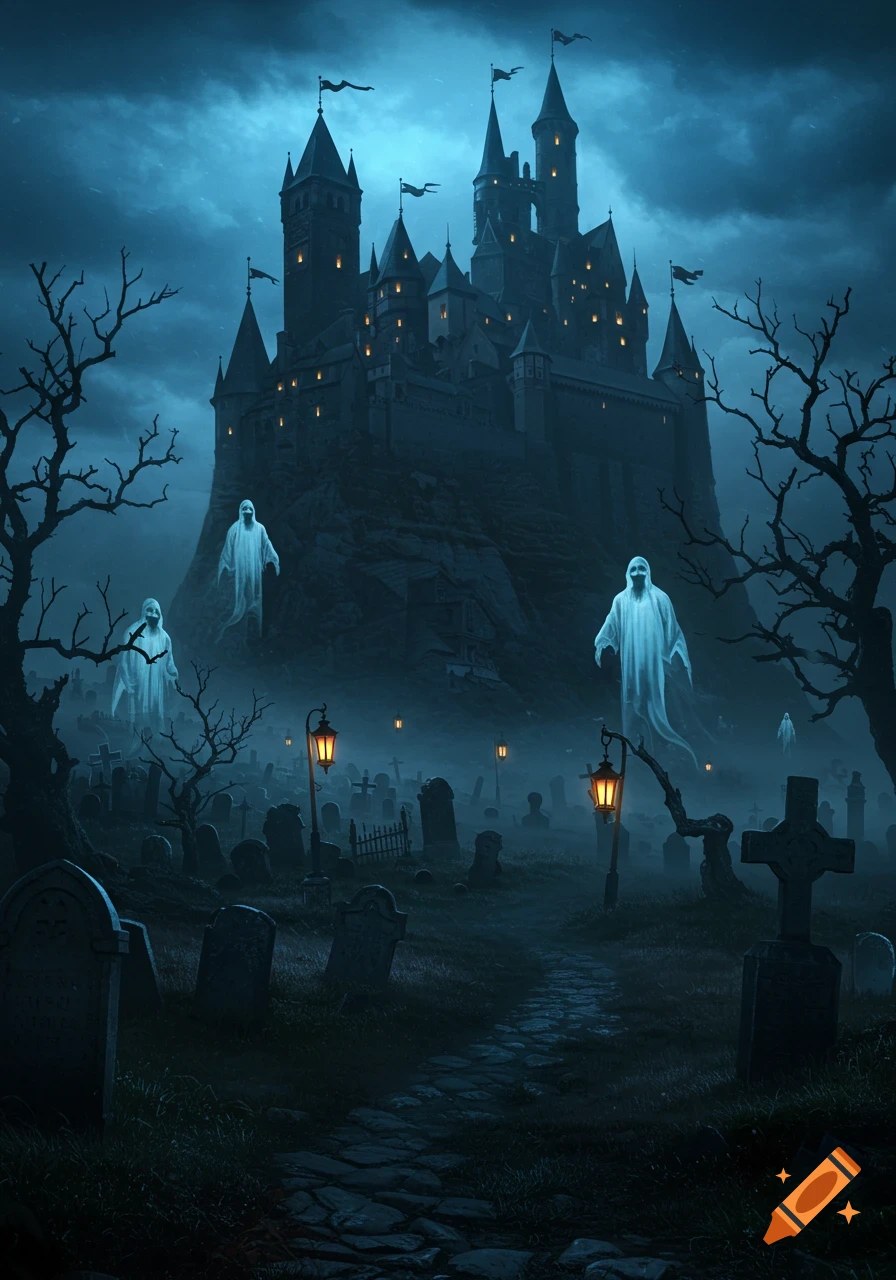 A dark gothic castle looms over a foggy graveyard with tombstones, bare trees, glowing lanterns, and ethereal ghosts.