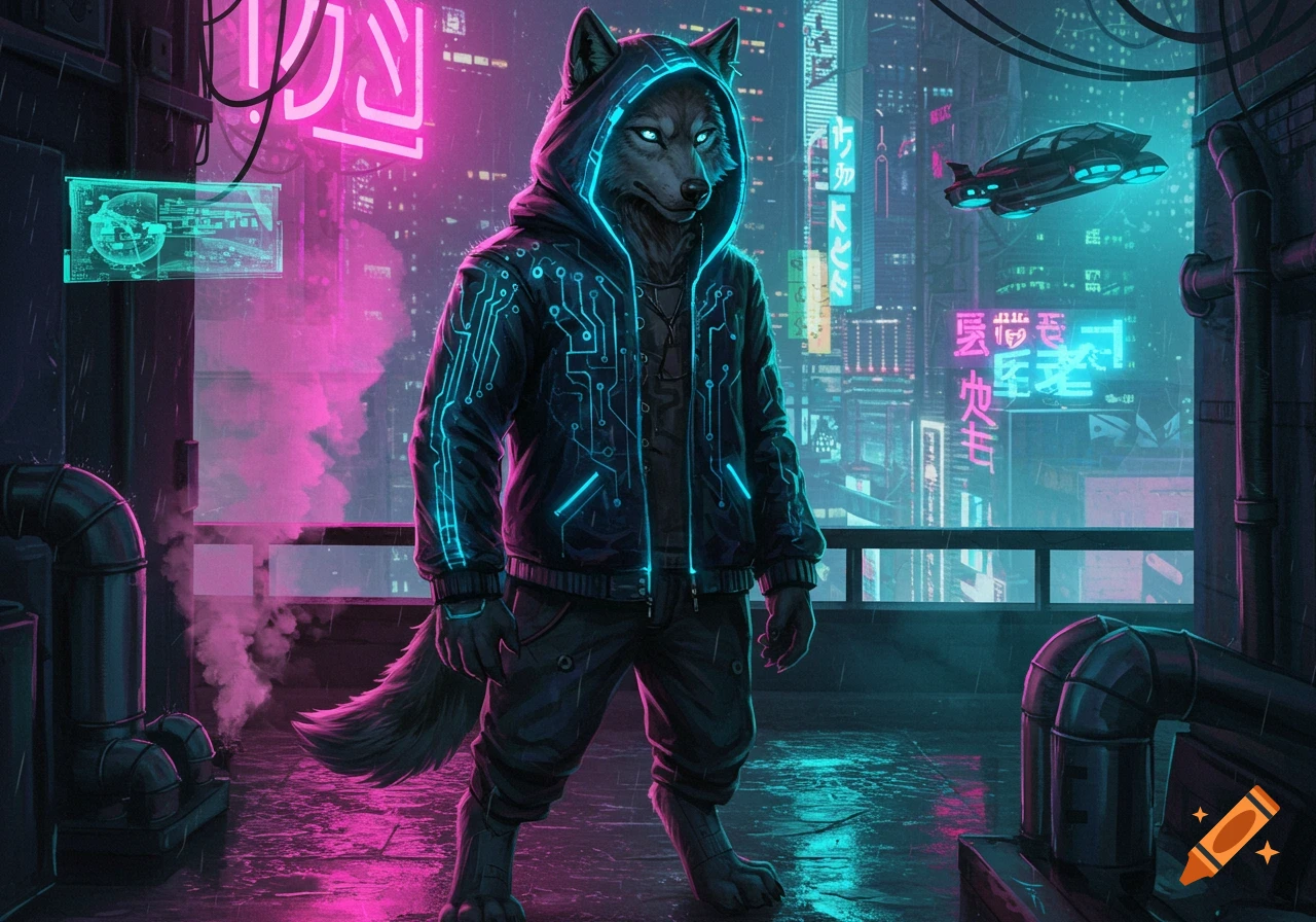 An anthropomorphic wolf in a glowing circuit-patterned hoodie stands on a rooftop in a neon-lit cyberpunk city at night.