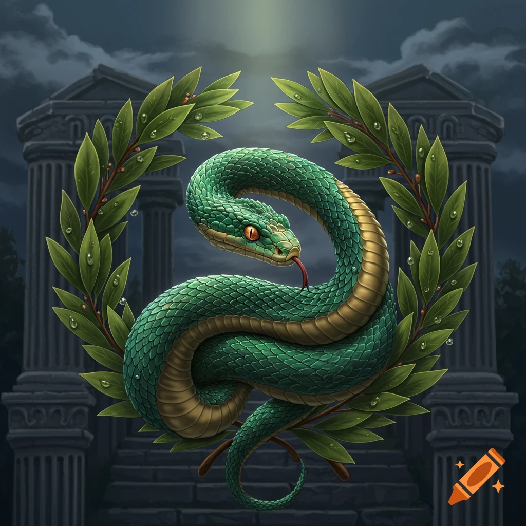 A vibrant green and gold snake with red eyes coiled around a laurel wreath, set against dark ancient ruins in a detailed illustration.