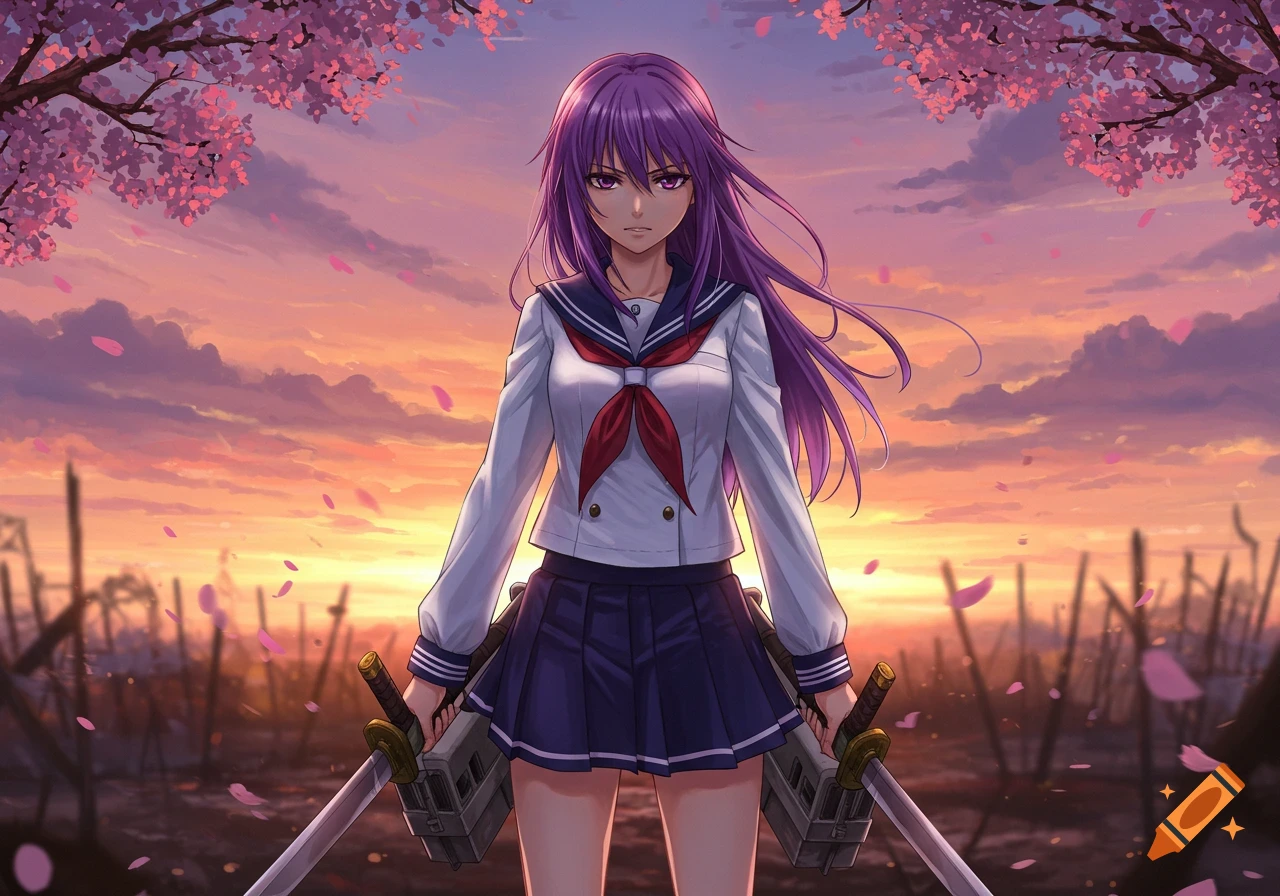 Anime girl with purple hair in a school uniform holding two swords, in a field of cherry blossom petals at sunset.