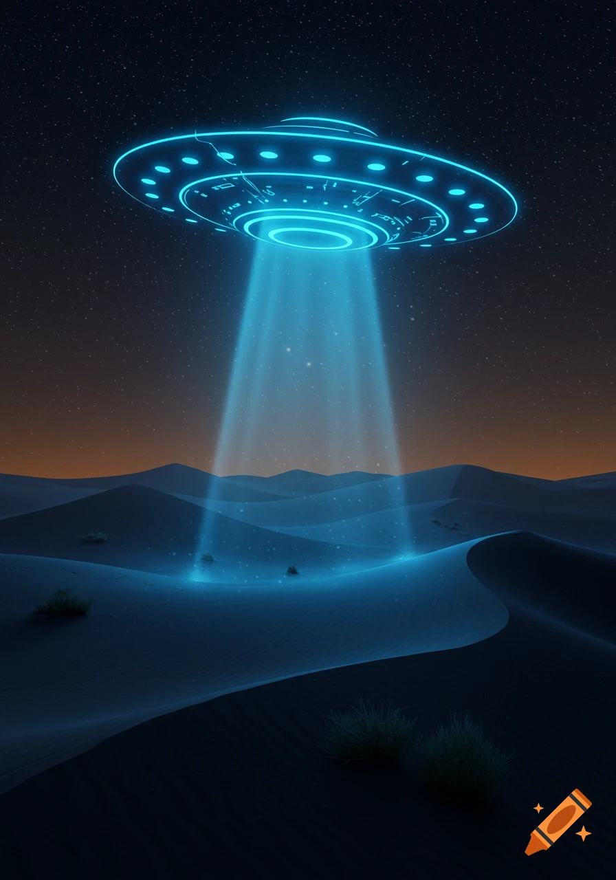 A neon blue glowing UFO hovers over dark desert dunes under a starry night sky, casting a bright blue beam downwards.