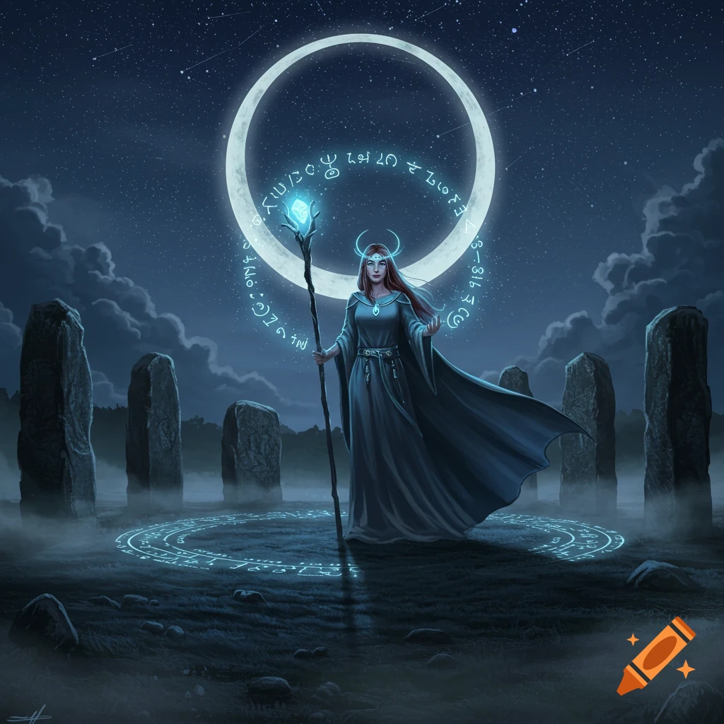 A sorceress with a staff stands in a misty field surrounded by standing stones and glowing runes under a crescent moon at night.