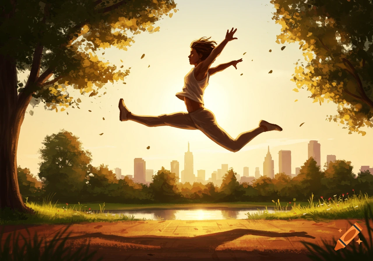 An illustration of a person mid-air in a joyful jump over a park path, with a city skyline in the golden sunset background.