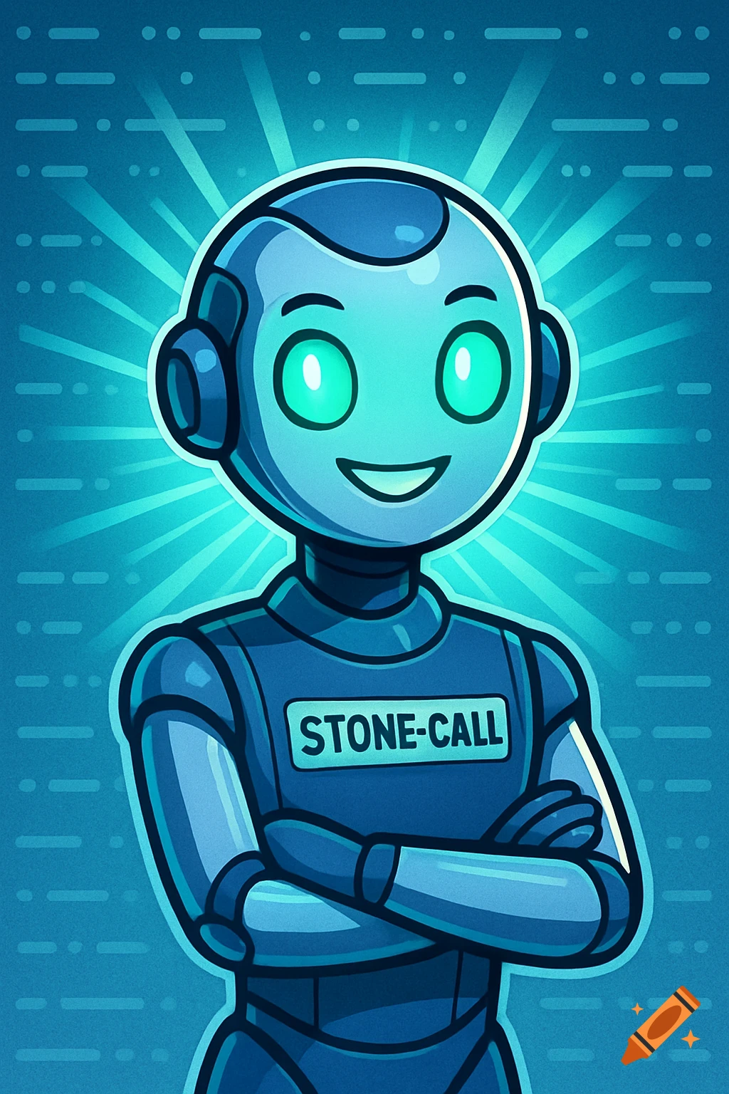 A friendly cartoon robot avatar with glowing green eyes and 'STONE-CALL' on its chest, against a blue, tech-patterned background.