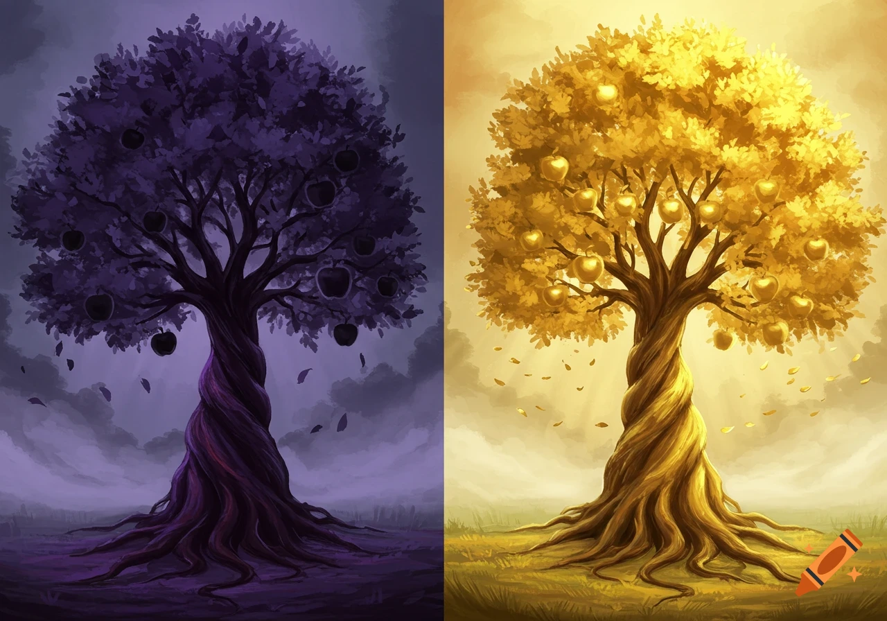 A split image shows a dark purple tree with black apples on the left, and a golden tree with golden apples on the right, both with twisted trunks.