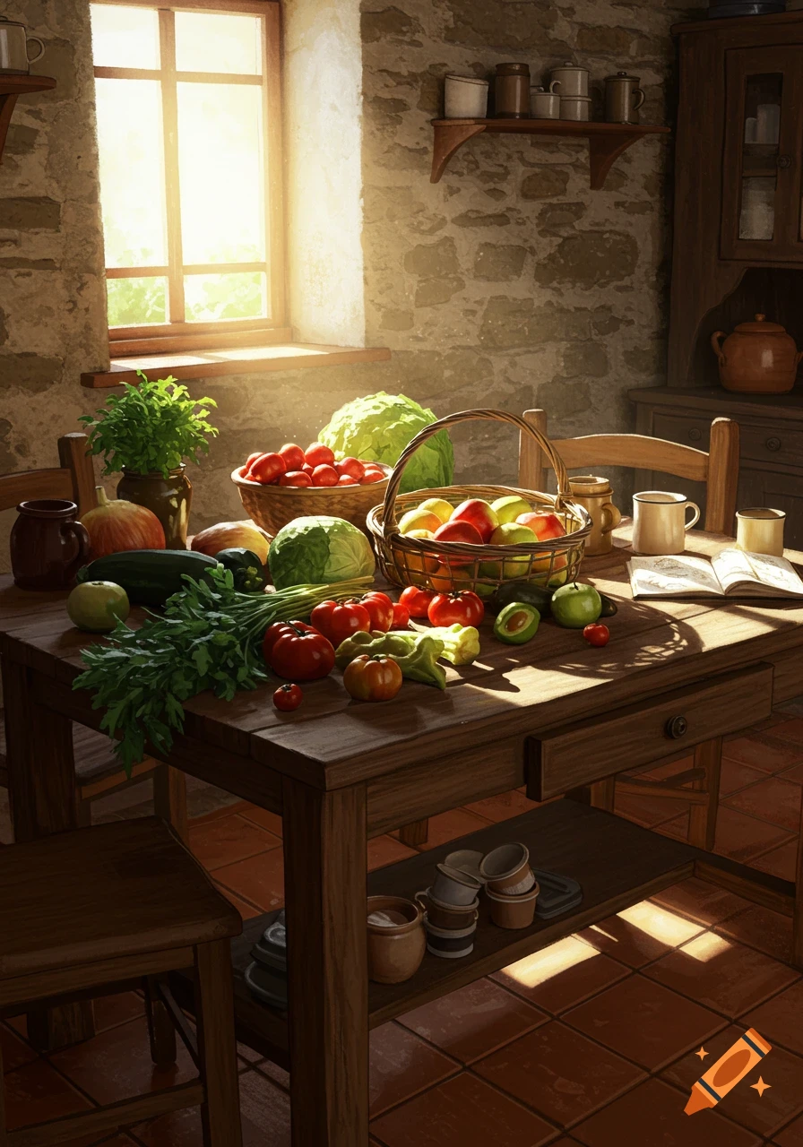 A rustic kitchen table laden with fresh vegetables and fruits, illuminated by sunlight streaming through a window.