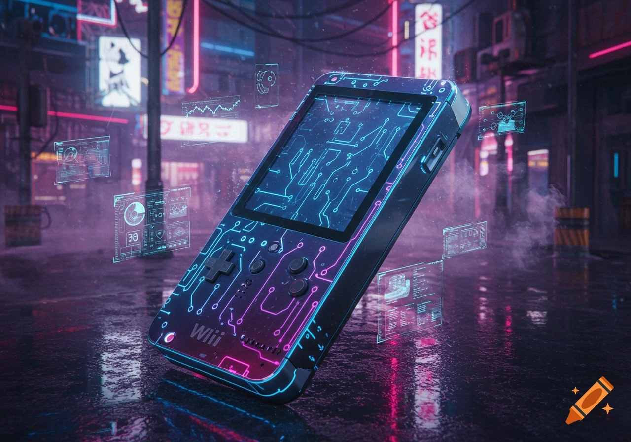 A retro-futuristic handheld gaming console with neon circuit patterns and holographic interfaces, set in a rainy cyberpunk city at night.