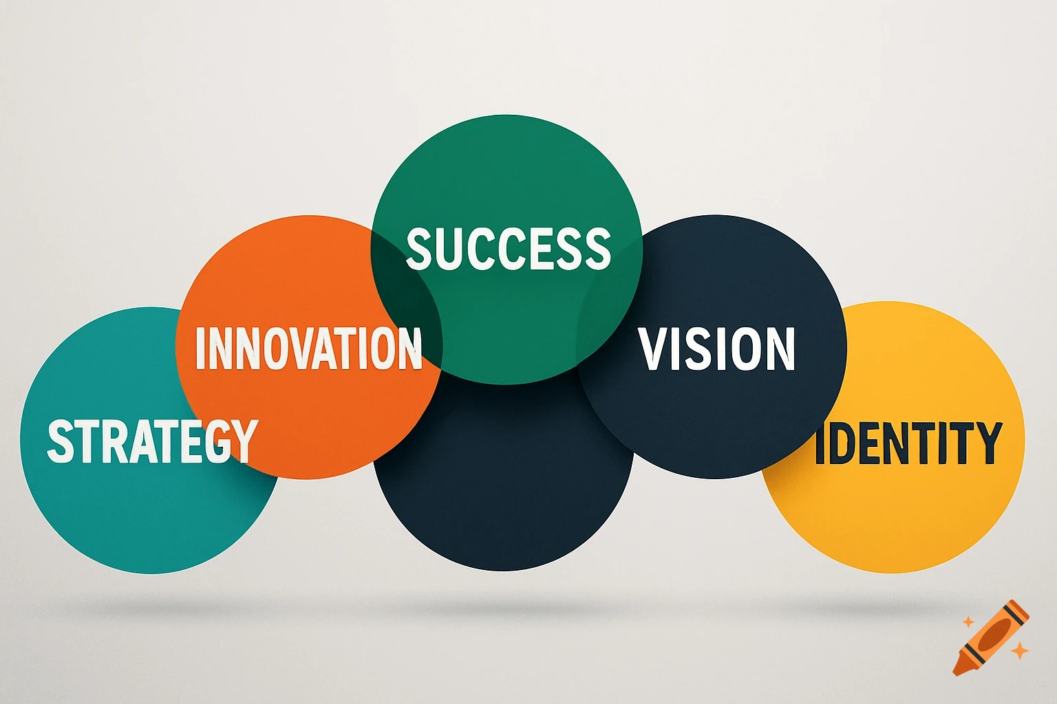 A graphic with five overlapping colored circles, each containing a bold business keyword like 'SUCCESS', 'INNOVATION', 'STRATEGY', 'VISION', and 'IDENTITY'.