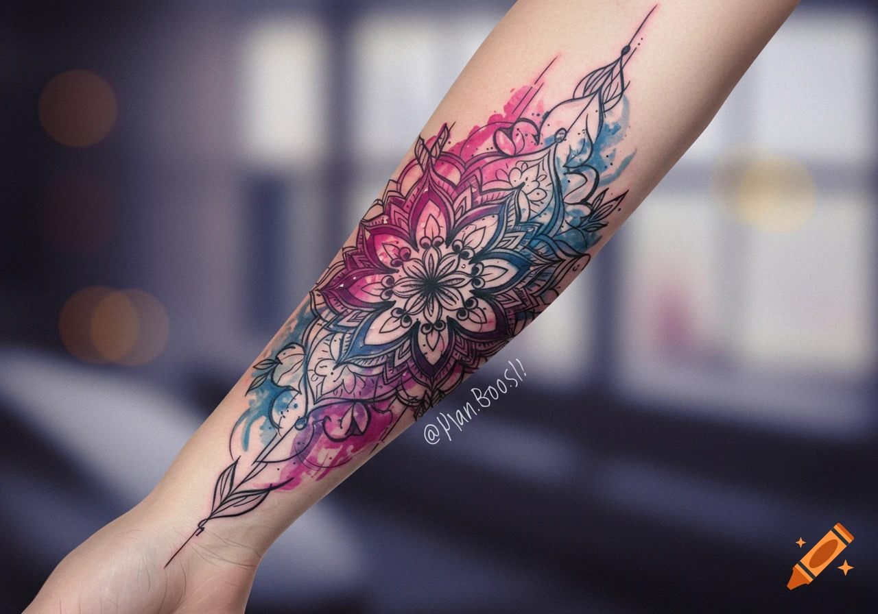 A forearm displays a vibrant pink and blue watercolor mandala tattoo with intricate black lines.